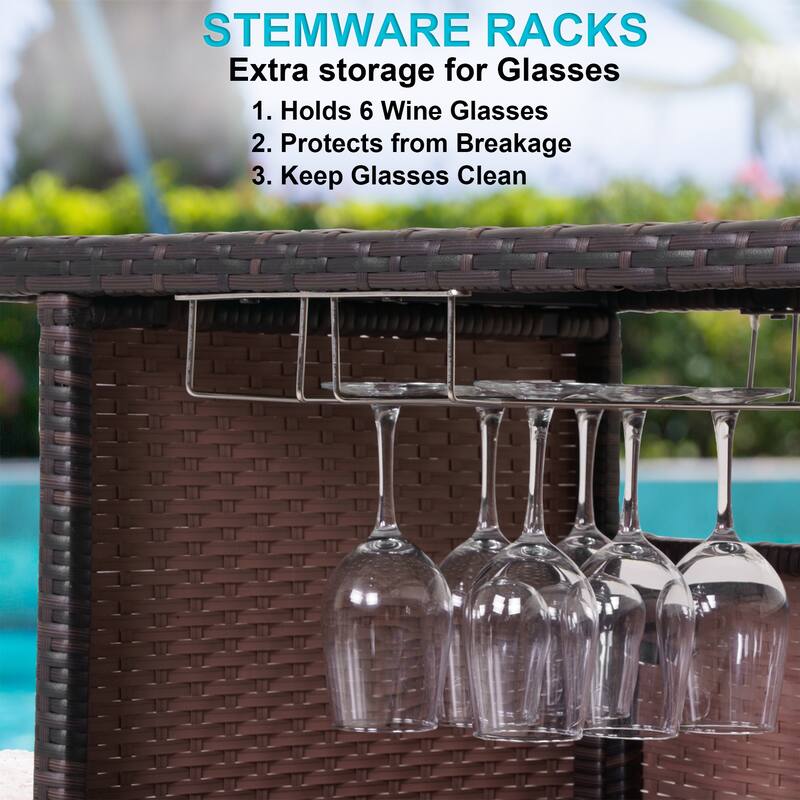 Outdoor Wicker Bar Serving Cart with Wheels and Ice Bucket,Brown
