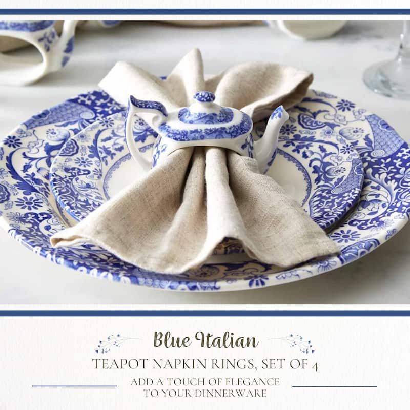 Spode Set of 4 Blue Italian Teapot Napkin Rings - 2.5"