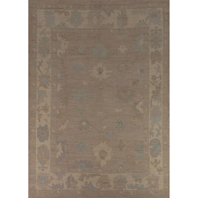 Transitional Beige Oushak Turkish Area Rug Hand-Knotted Wool Carpet - 8'11"x 11'10"