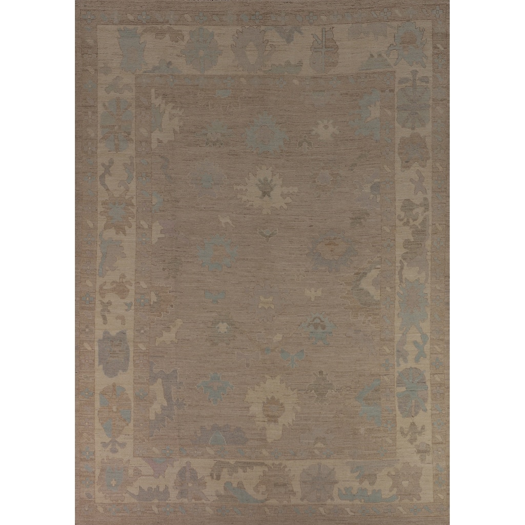 Transitional Beige Oushak Turkish Area Rug Hand-Knotted Wool Carpet - 8'11"x 11'10"