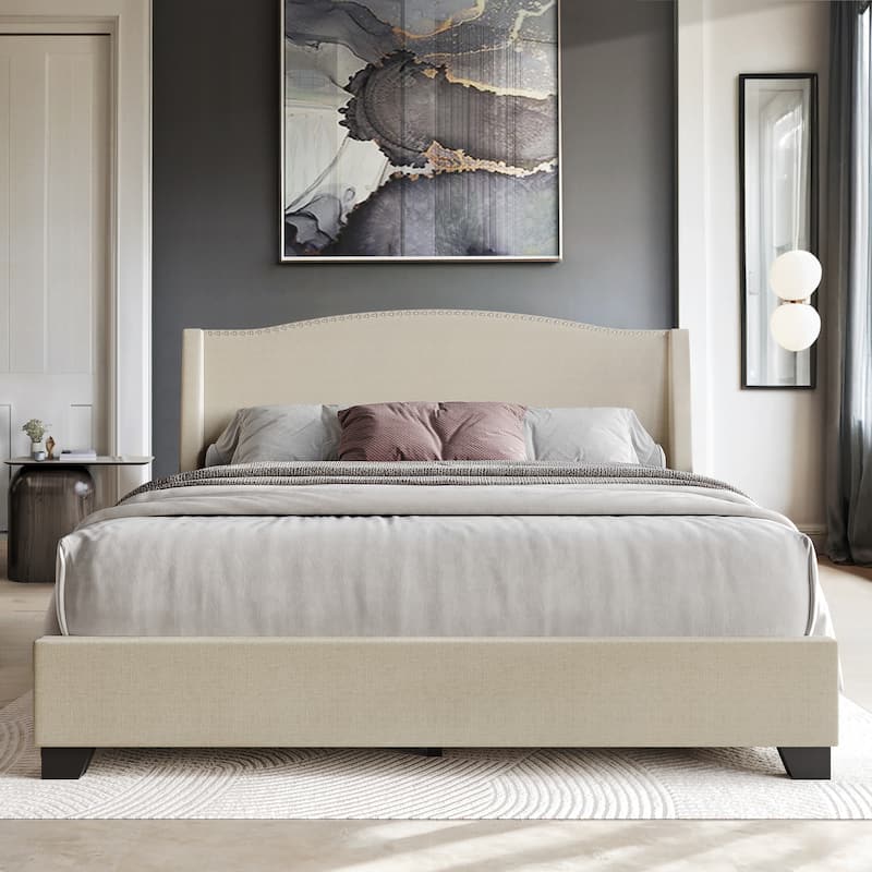 CraftPorch Elegant Chrome Nailhead Wingback Upholstered Bed with Drawers