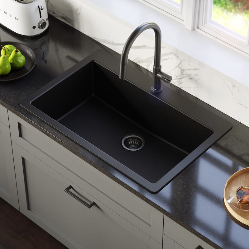 Karran QT-812 Top Mount 33 in. Large Single Bowl Quartz Kitchen Sink in Black With Kitchen Faucet in Gunmetal Grey