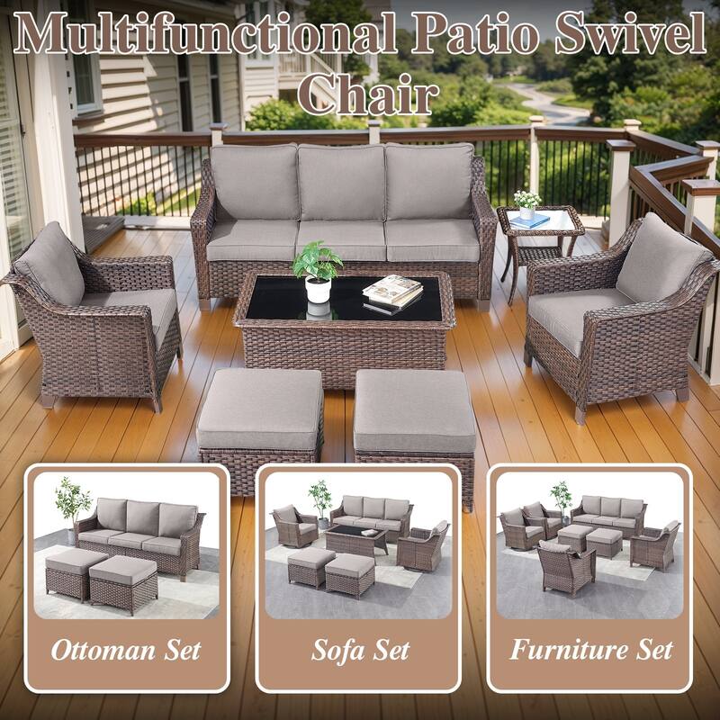 Swivel Sofa Chairs with Ottoman, Coffee Table - Brown