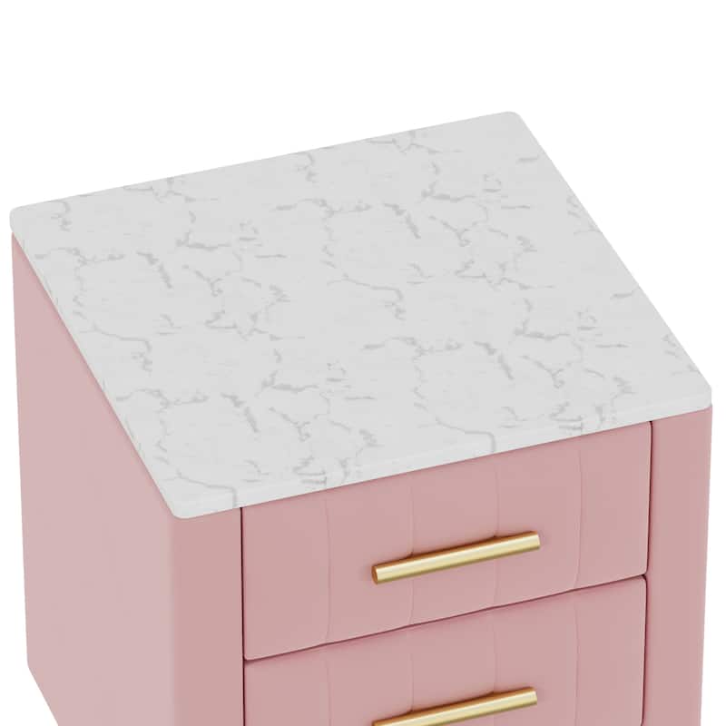 Nightstand with 3 Storage Drawers, Velvet Nightstand with Faux Marble Top, Sofa Side Table with Metal Legs and Handles