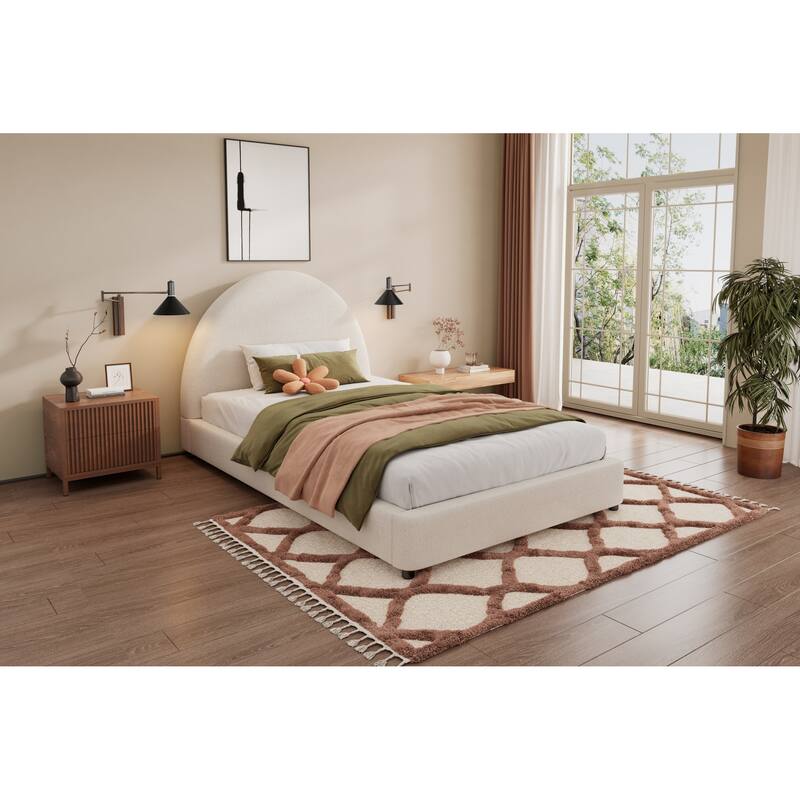 Roomfitters Queen/Twin Size Boucle Upholstered Platform Bed with Round Curved Headboard, Modern Bedroom Style, White