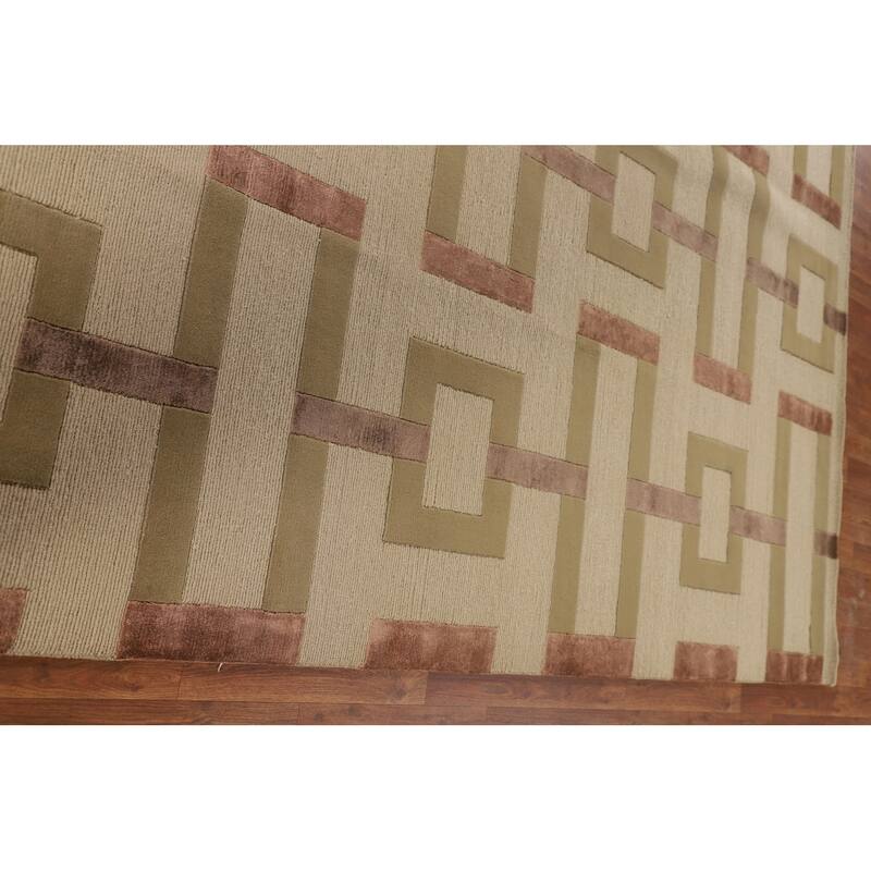 Geometric Beige Nepalese Oriental Area Rug Hand-Knotted Wool Carpet - 9'1" x 12'1"