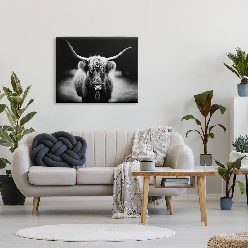 Stupell Bold Longhorn Portrait Black White Cattle Photography Canvas Wall Art - Grey