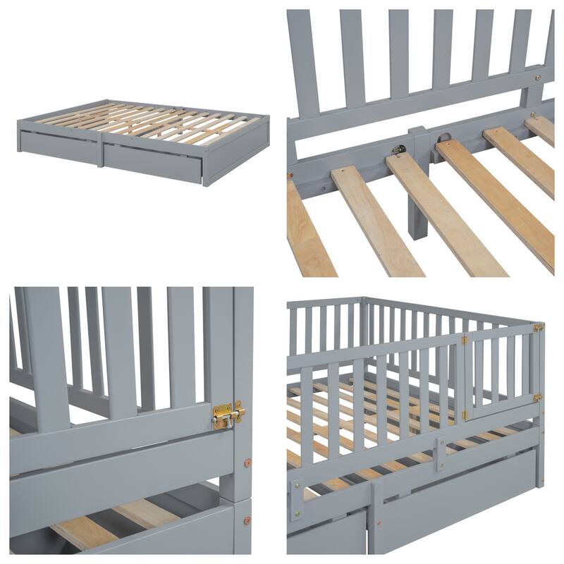 Full Size Wood Daybed with Fence Guardrails and 2 Drawers