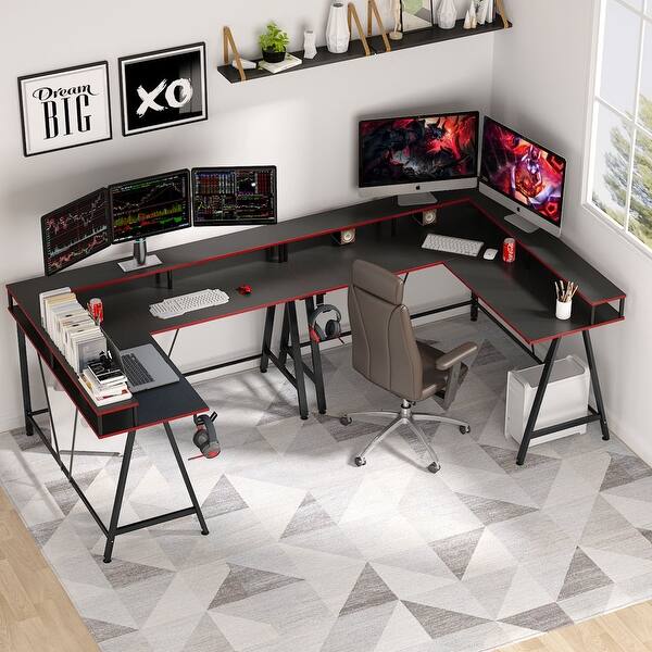 L Shaped Desk With Monitor Stand Gaming Desk Overstock 30531758 The evodesk aviator l shaped standing corner desk sets the bar higher with quad lifting columns and a high strength steel frame.