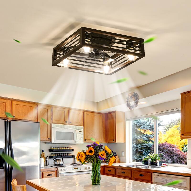 Cage Style Ceiling Fan Light with Lighting and 6 Speed Settings, Reversible DC Motor for Bedroom and Living Room - Brown