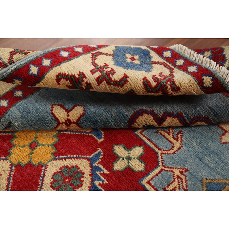 Blue Geometric Kazak Oriental Accent Rug Handmade Wool Carpet - 3'4" x 4'9"