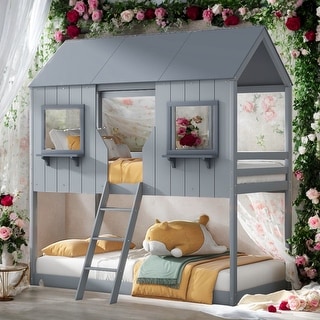 Twin Over Twin Bunk Bed Wood Bed With Roof,Window,Guardrail And Ladder,Solid Construction for Kids