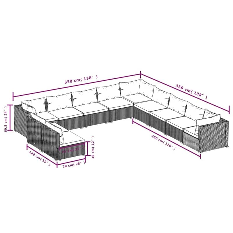 vidaXL Patio Lounge Set Outdoor Sectional Sofa Set Table Garden Poly Rattan - 27.6" x 27.6" x 23.8"