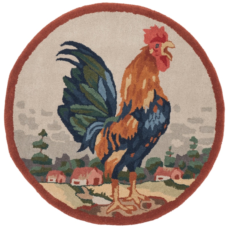 SAFAVIEH Handmade Novelty Zvetelina Rooster Wool Rug - 3' Round - Ivory/Rust