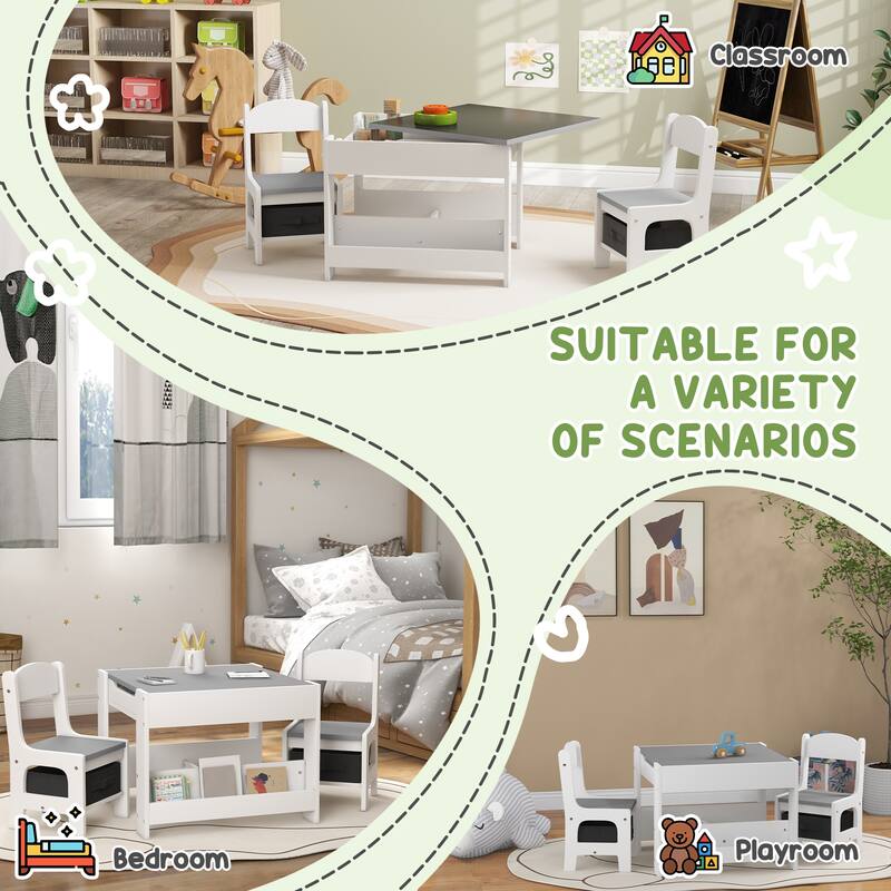 3 Piece Kids Table and Chair Set,2 in 1 Toddler Table and Chair Set with Reversible Tabletop Blackboard