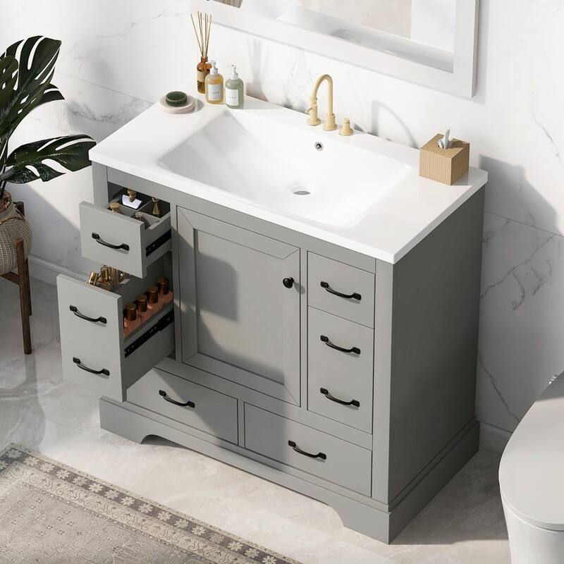 36" Bathroom Vanity with Sink Combo: Six Drawers, Multi-Functional Divider, Adjustable Shelf