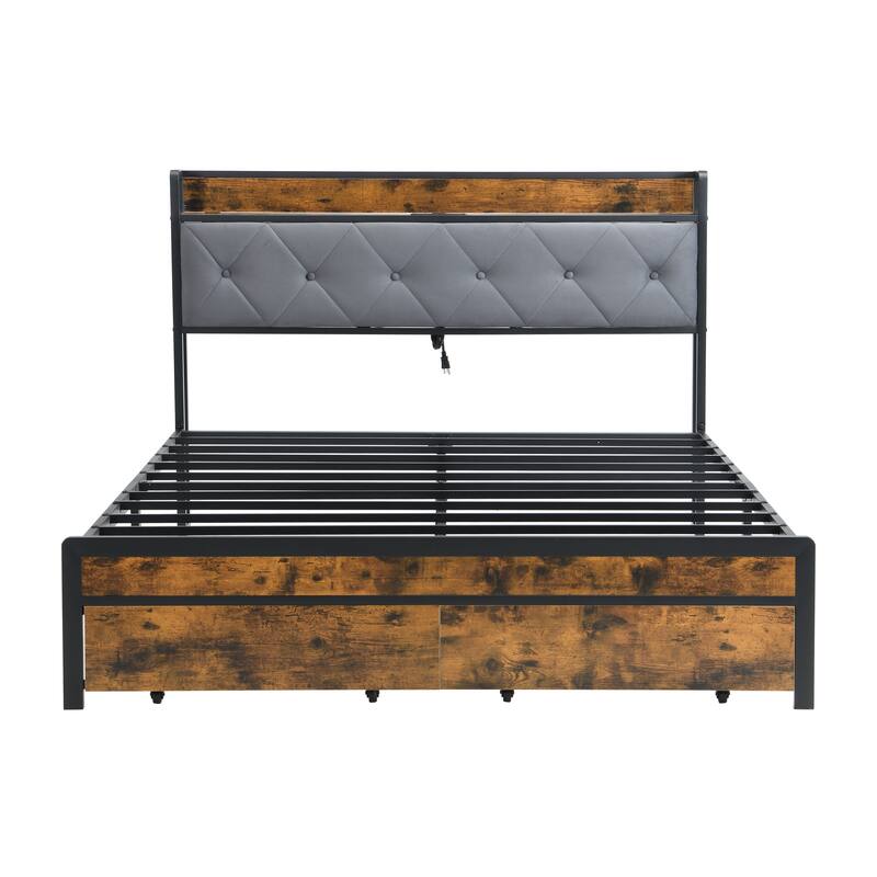 Full Bed Frame with Storage, Bed Frame with LED Lights Upholstered Headboard and 2 Drawers, USB & Charging Station