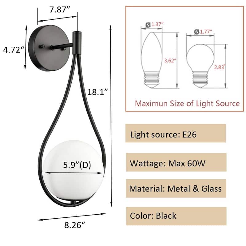 Porches Modern Wall Sconce with Opal Globe Glass Shade 2-Pack