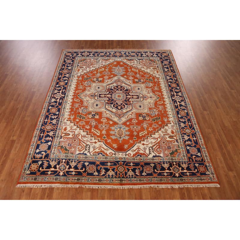 Medallion Heriz Serapi Indian Area Rug Handmade Orange Wool Carpet - 7'10" x 9'9"