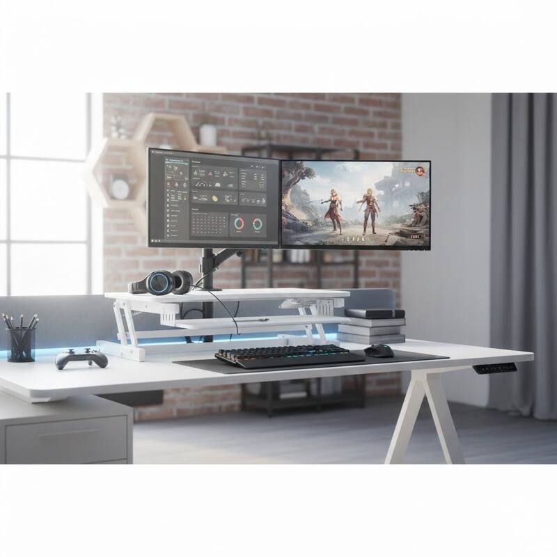 Rocelco 37.5 in. W White Height Adjustable Standing Desk Converter with Dual Monitor Mount and Double Screen Riser Platform