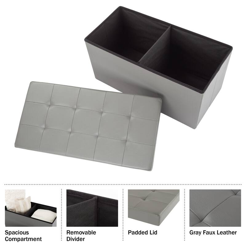 Large Foldable Storage Bench Ottoman- Tufted Faux Leather Cube Organizer Furniture by Lavish Home - 30 x 15 x 15