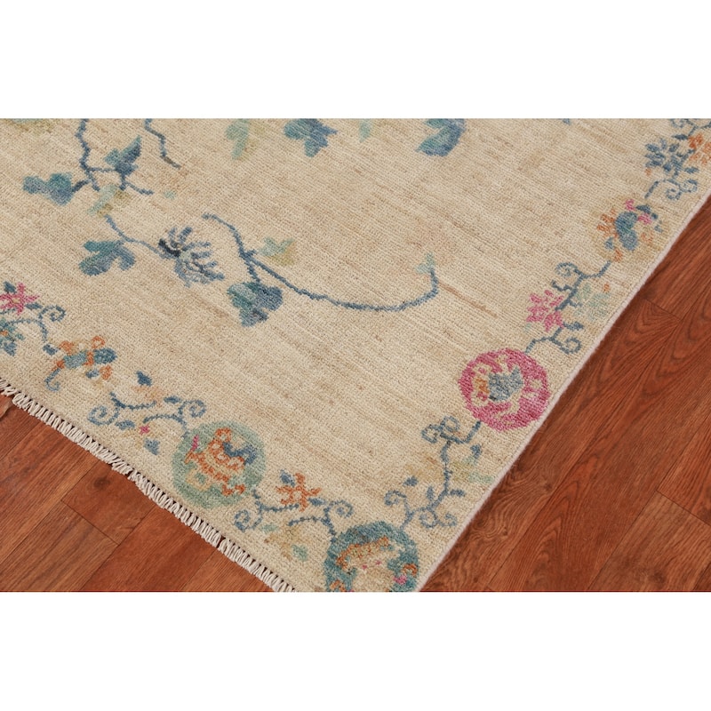 Hand Knotted Oriental 100% Wool Carpet Traditional Floral Beige & Ivories Art Deco Runner Rug - 10' 3'' X 2' 9''