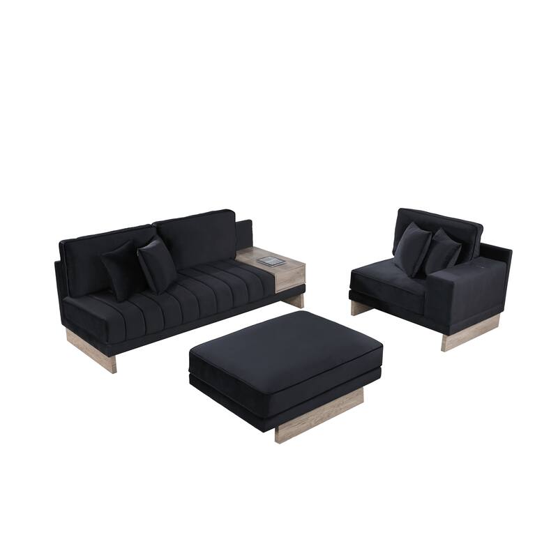 122.5"W Black Velvet Reversible Sofa Ottoman with Storage, USB & Charging, 4 Pillows