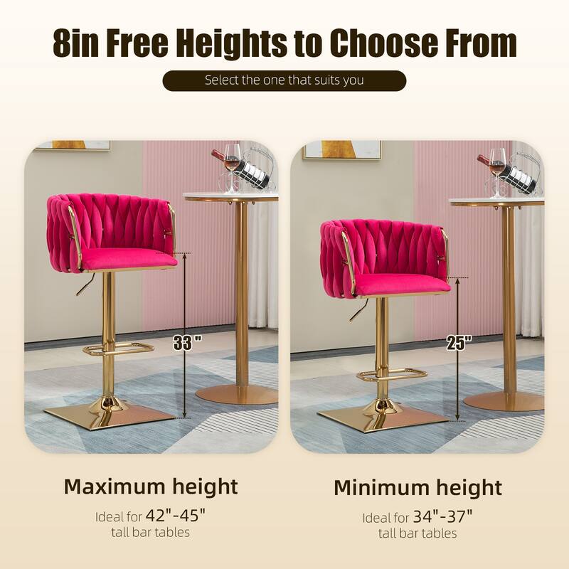 Velvet Upholstered Swivel Adjustable Height Bar Stools With Metal Footrest（set of 2）