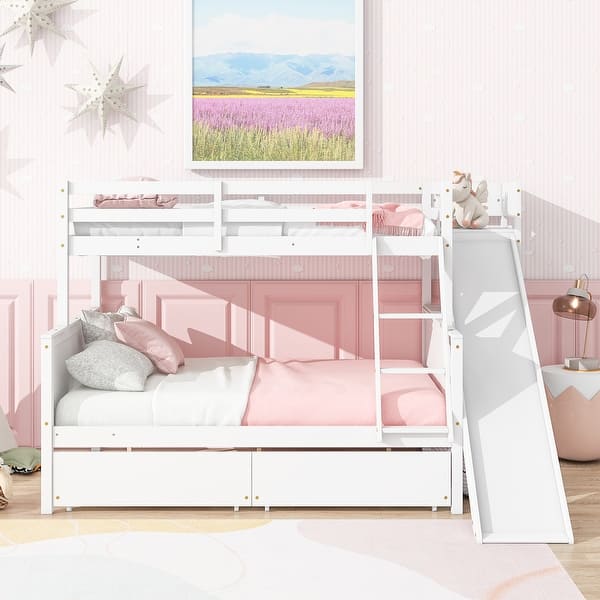 slide 2 of 20, Twin over Full Bunk Bed with Slide, Rubber Wood Low Bunk Bed Frame Kids Bed with 2 Drawers & Shelves Storage for Boys Girls White - Full