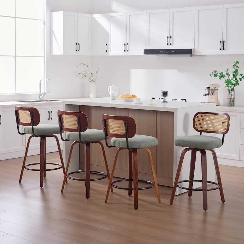 Linen Upholstered Swivel Bar Stools Set of 2, Counter Height Bar Stools with Rattan Back, Kitchen Island Chairs with Footrest