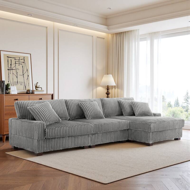 118.3" W Plush Corduroy Square Arm Upholstered Sectional Modular Sofa