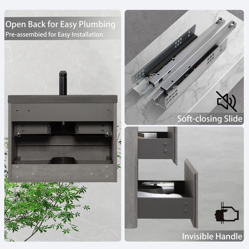 24"/30"/36"/42" Floating Bathroom Vanity with Black Quartz Sand Sink, Grey Wall-Mounted Cabinet, Soft Close Drawers