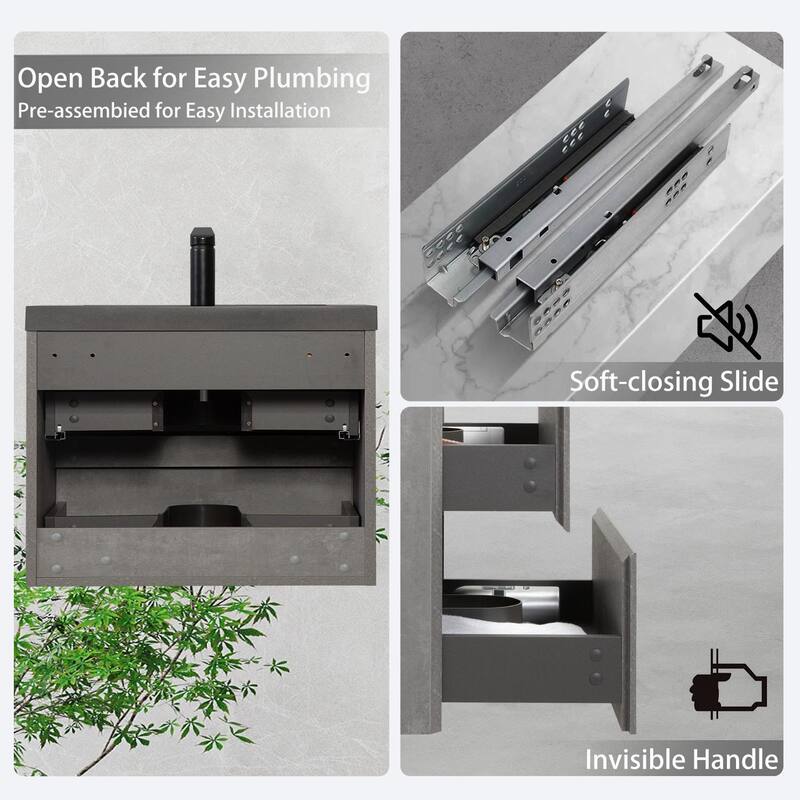 GDFStudio - Carter Floating Bathroom Vanity with Quartz Sand Countertop & Soft-Close Drawers