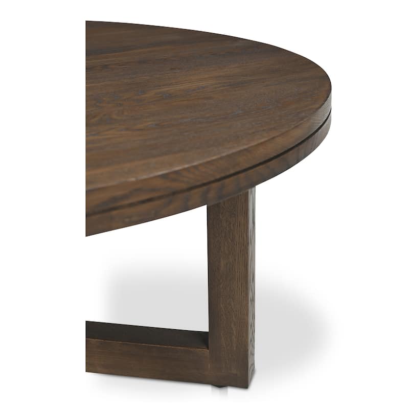 NADAAL STUDIOS Arlisse Coffee Table, Round Top, Solid Oak, Dual‑Layer Top with V‑Groove Iron Crisscross Base, Dark Brown