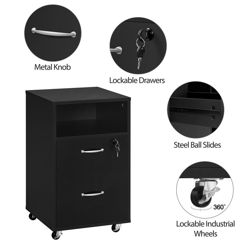 Yaheetech Rolling File Cabinet with 2 Drawers and 1 Open Shelf Filing Cabinet for Home Office