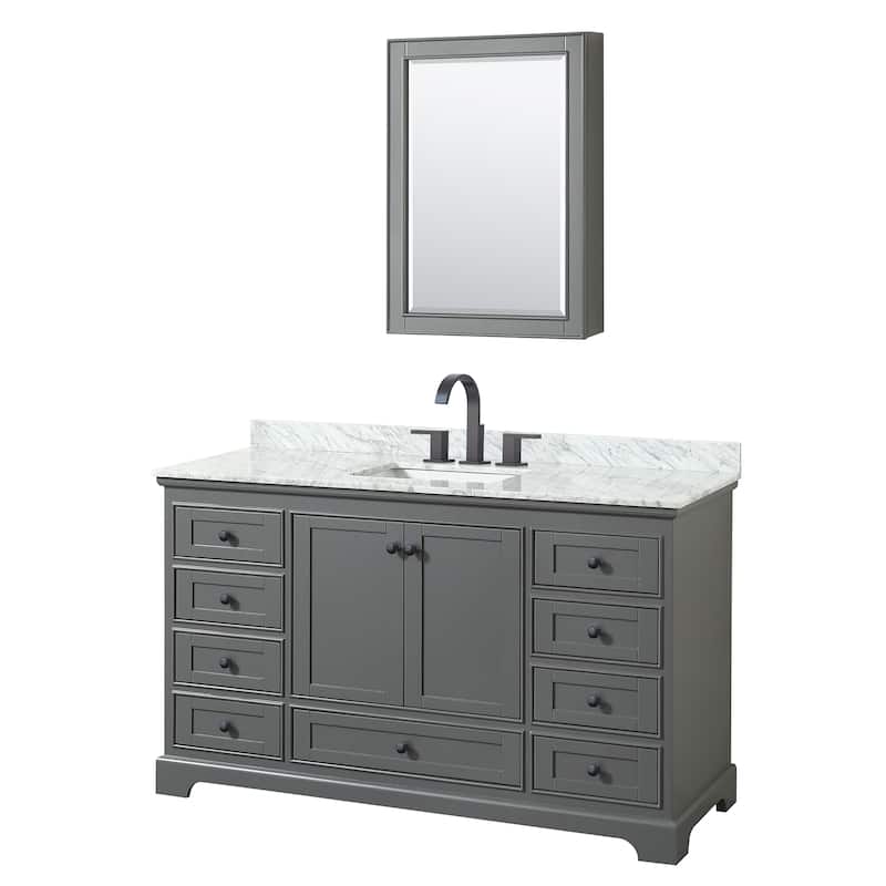 Deborah 60-inch Single Bathroom Vanity, Medicine Cabinet - Dark Gray, Black Trim, White Carrara Marble Top