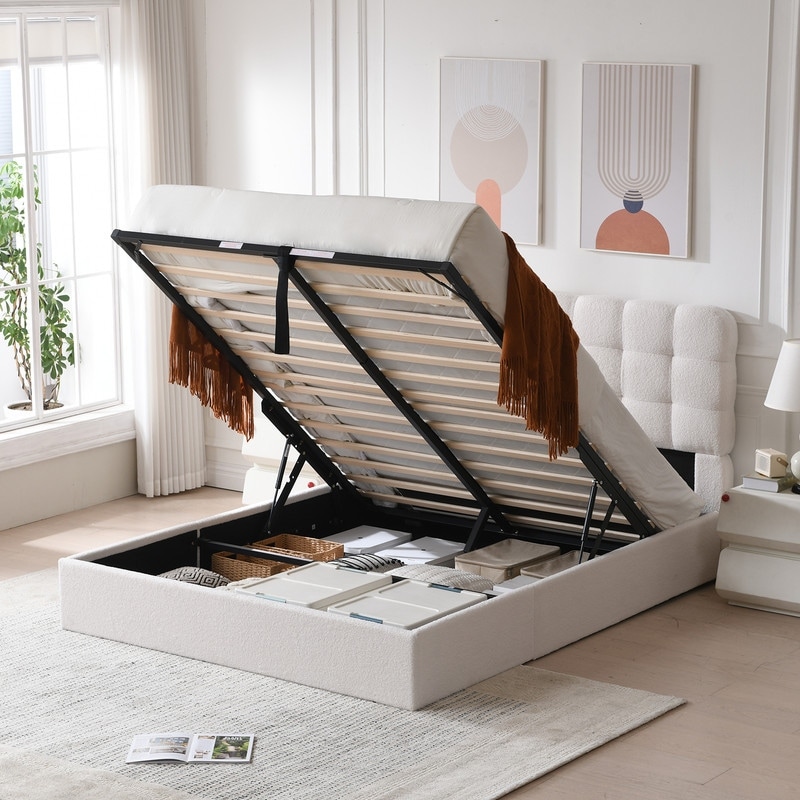 Full Size Boucle White Velvet Lift-Up Storage Platform Bed
