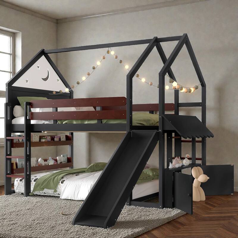 Full Size Kids Loft Bed with Bookshelf and Slide, House-Shaped Play Bed with Stairs, Safety Guardrails - Black - Full