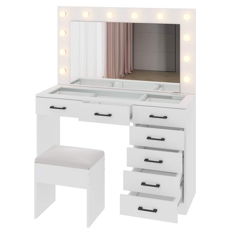 White Vanity Desk Set with LED Lighted Mirror Cushioned Stool 7 Drawers Glass Tabletop and USB Charging Station