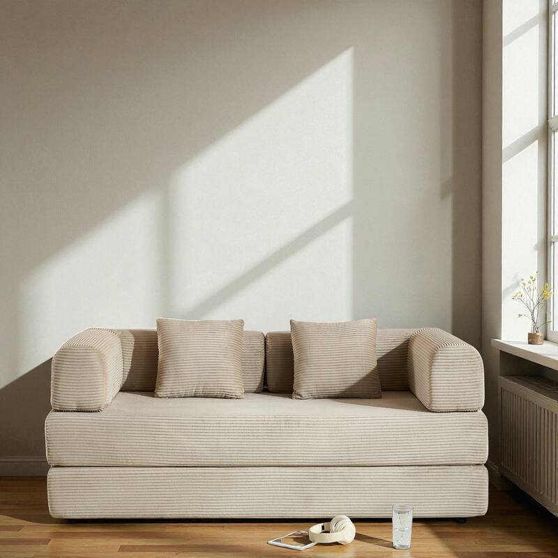 Convertible Corduroy Sleeper Sofa Bed, 4-in-1 Folding Mattress Couch with Cylindrical Pillow & Fixed-Shape Frame, No-Assembly - Beige