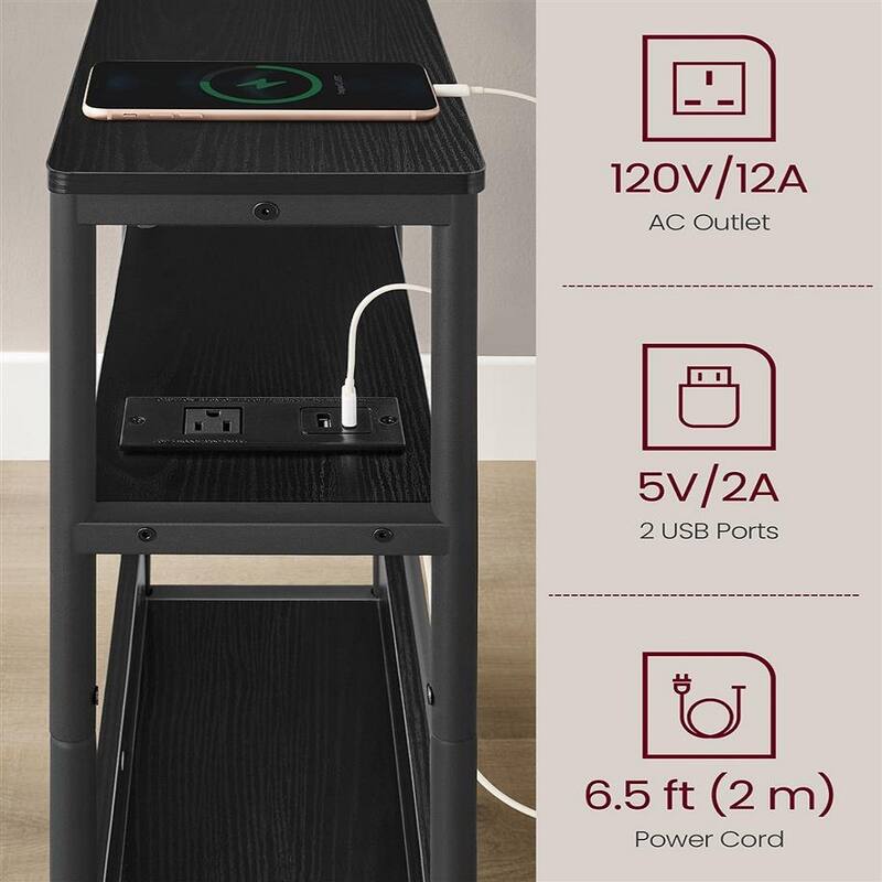 Space-Saving End Table with 3 Storage Shelves and Built-In Charging Station and Stable Steel Frame - 7.1"D x 17.7"W x 22.8"H