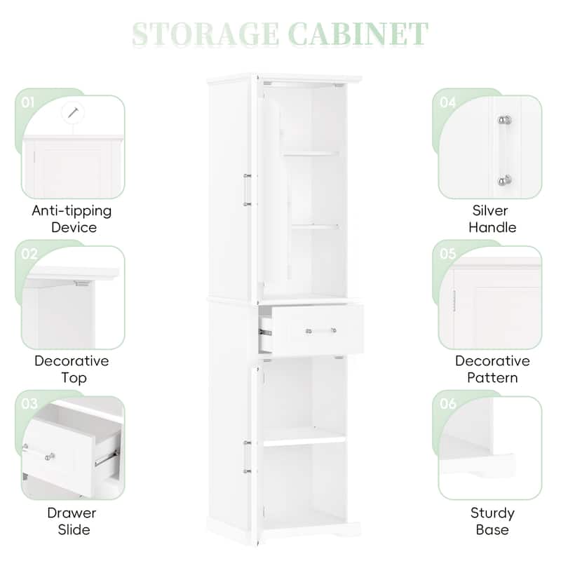 72" Tall Bathroom Storage Cabinet with Drawer, 2 Doors, Adjustable Shelves and Door Rack, Freestanding MDF Organizer
