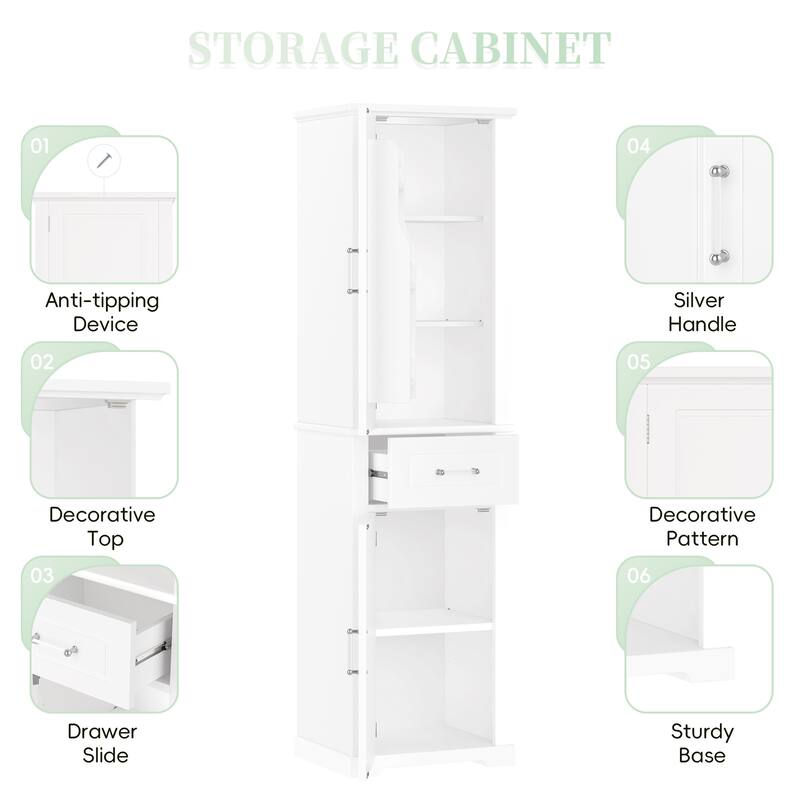 72" Tall Freestanding Storage Cabinet with 4 Doors, 2 Drawers, Adjustable Shelves and Door Racks, Painted MDF Organizer