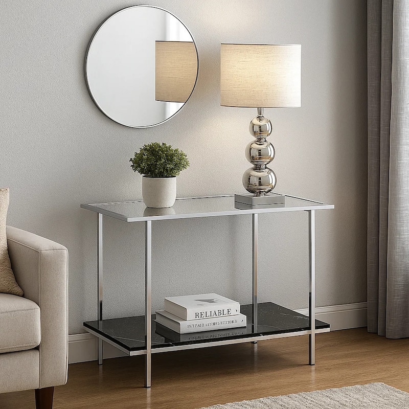 Console Table with Mirror Top and Faux Marble Open Bottom Shelf, Silver