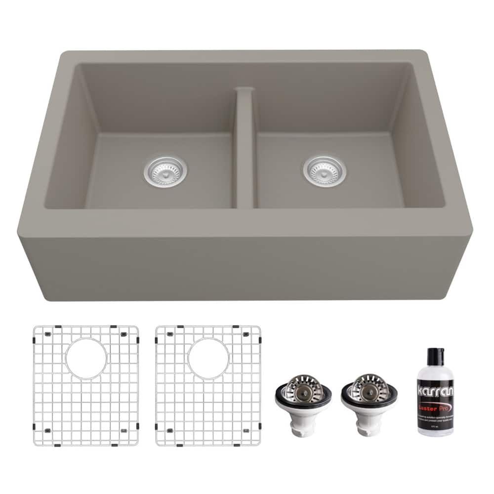 Karran Farmhouse Apron Front Quartz Double Bowl Kitchen Sink Kit