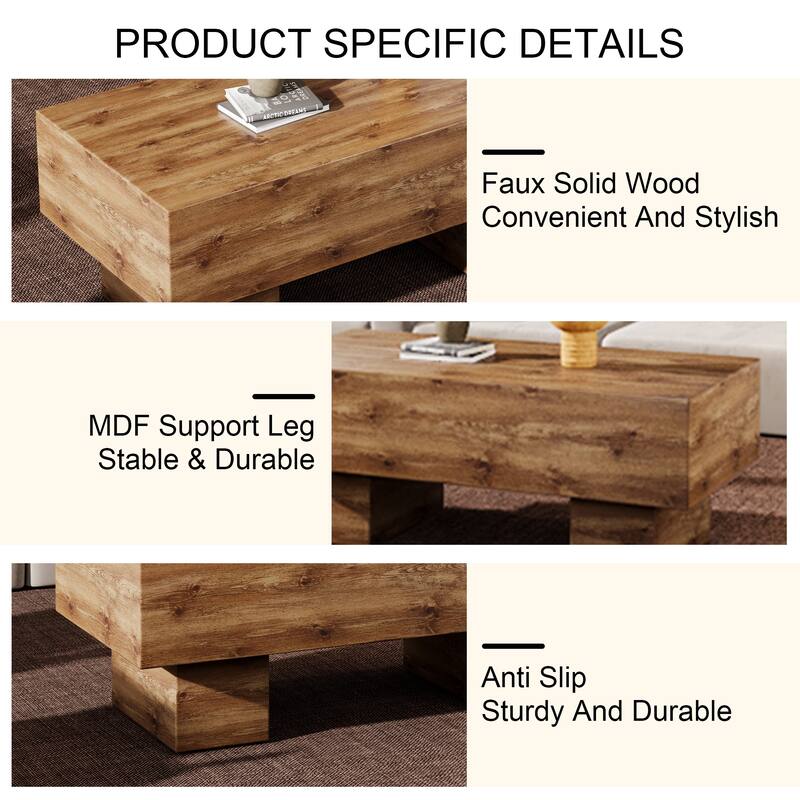 Wood Coffee Table for Living Room, 43.3" Farmhouse Coffee Table with Legs, Rectangular Center Table Cocktail Living Room Table