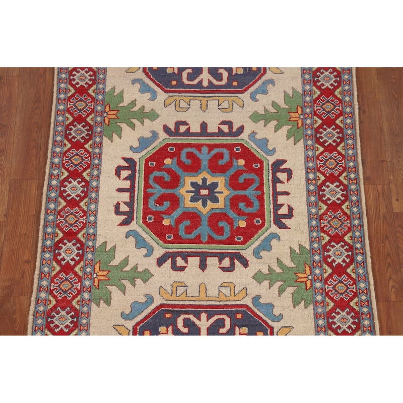 Beige Kazak Runner Rug Hand-Knotted Wool Carpet - 3'3" x 6'10"
