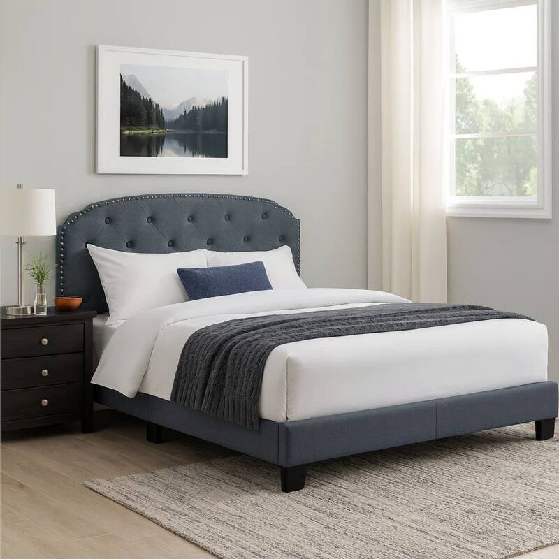 Full Bed with Button Tufted Scalloped Headboard, Gray