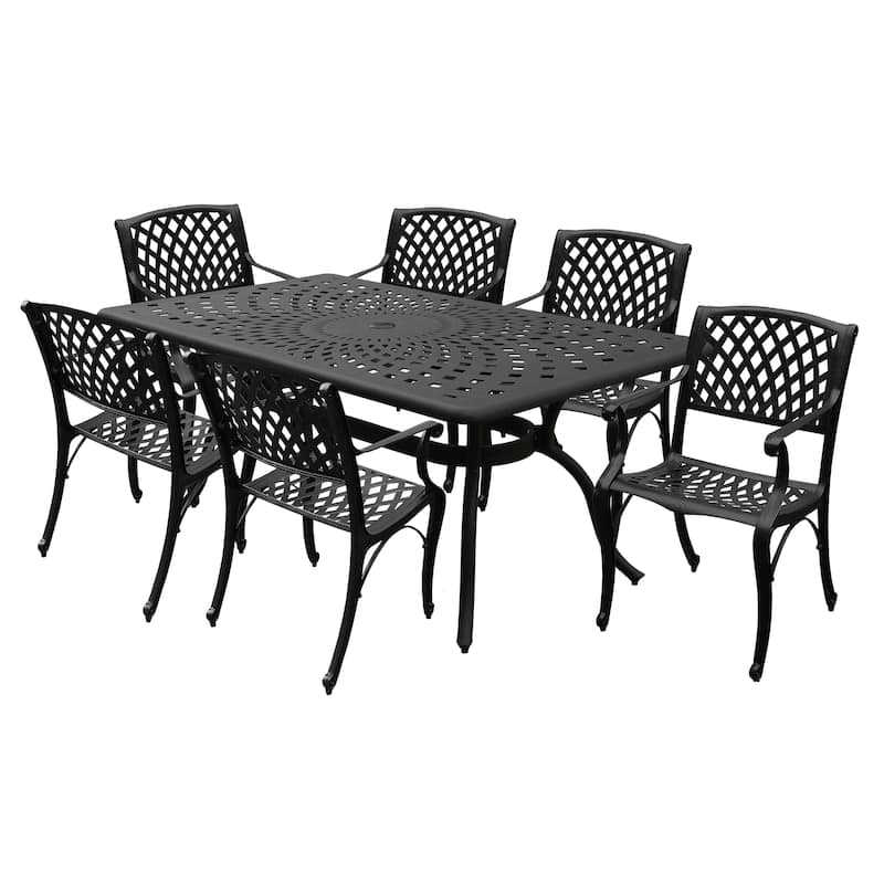 Modern Ornate Outdoor Mesh Aluminum 67-in Rectangular Patio Dining Set with Six Chairs - N/A - Black