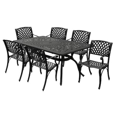 Modern Ornate Outdoor Mesh Aluminum 67-in Rectangular Patio Dining Set with Six Chairs - N/A